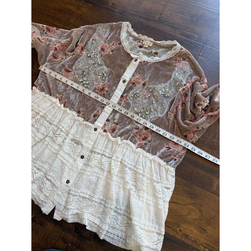 POL Velvet Floral Lace Beaded Sequin Crystal Romantic Boho Button Front Top Sz L - Picture 5 of 15